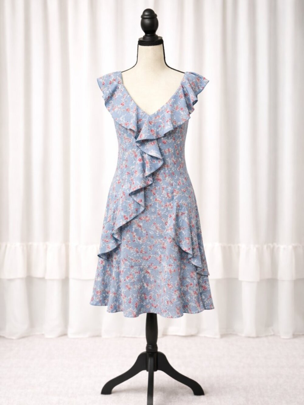 Lulus Blue Floral Ruffle Mini Dress Cottagecore Brunch Date Puff Sleeve Size M
